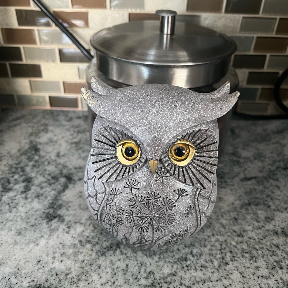 Gray Owl Figurine with Gold Accents